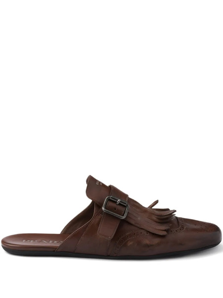  Prada Shuffle Perforated Fringed Leather Mules - Brown 