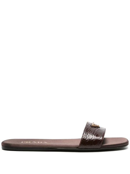  Prada Triangle-logo Embossed-crocodile Slides - Brown 