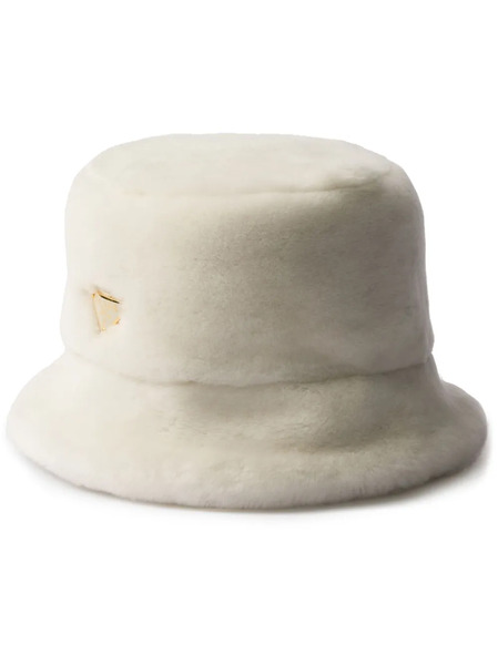  Prada Triangle-logo Shearling Bucket Hat - White 