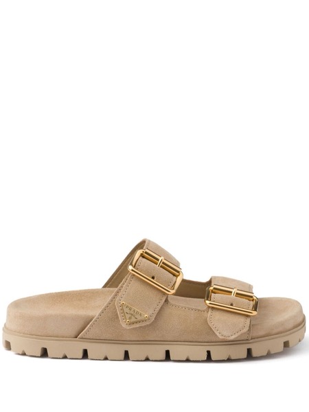  Prada Triangle-logo Suede Slides - Neutrals 