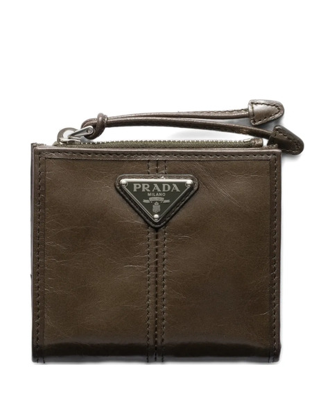  Prada Triangle Logo Zip Leather Wallet - Brown 