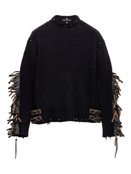  Prada Wool Crew-neck Sweater With Fringe And Studs - Black 