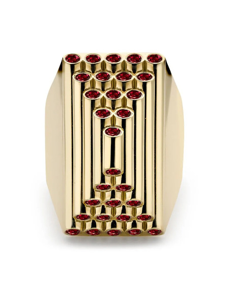  Pragnell 18kt Yellow Gold Pyramid Sculptural Ruby Cocktail Ring 
