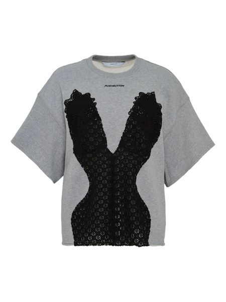  Pushbutton Lace-applique T-shirt - Grey 