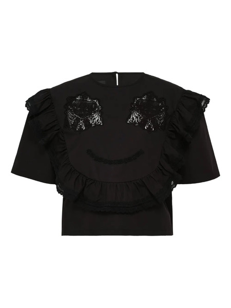  Pushbutton Lace-embellished Ruffle Blouse - Black 