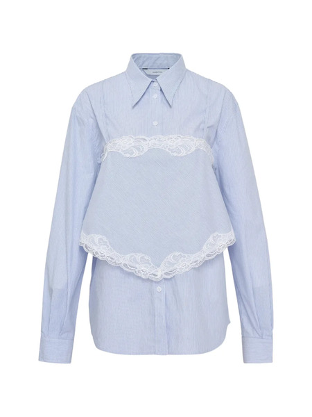  Pushbutton Lace-trim Striped Shirt - Blue 