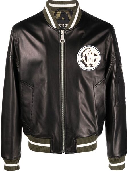  Roberto Cavalli Leather Monogram-patch Bomber Jacket - Black 