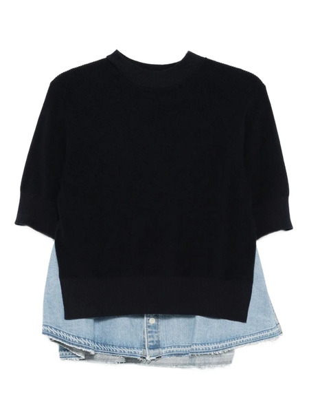  Sacai Denim-panelled Knitted Sweater - Blue 