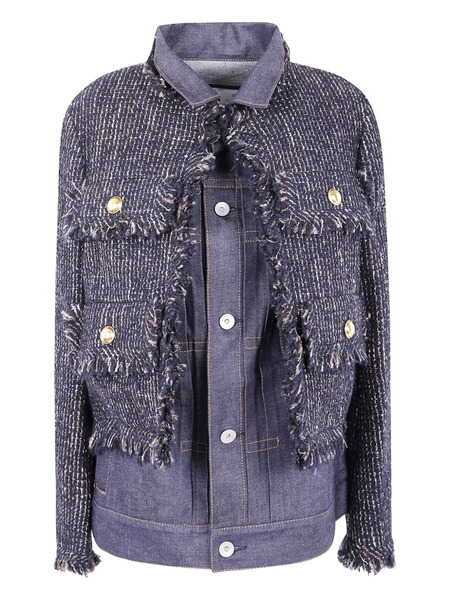  Sacai Tweed-panel Denim Jacket - Blue 