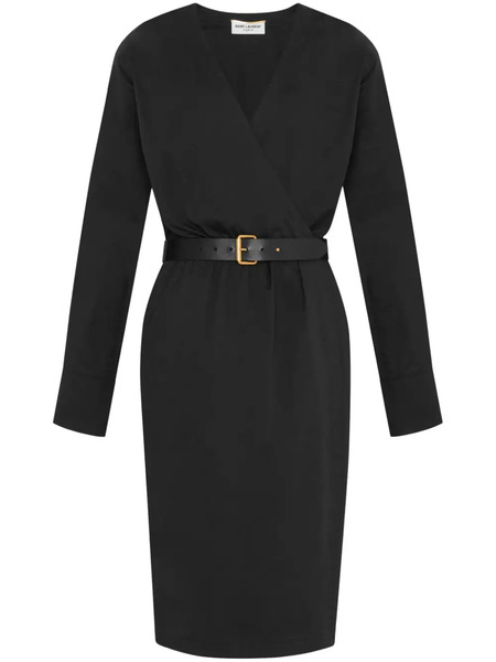  Saint Laurent Belted Wrap Midi Dress - Black 