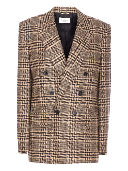  Saint Laurent Double-breasted Check Blazer - Brown 