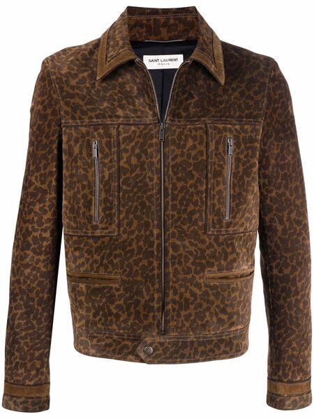  Saint Laurent Leopard-print Suede Jacket - Brown 