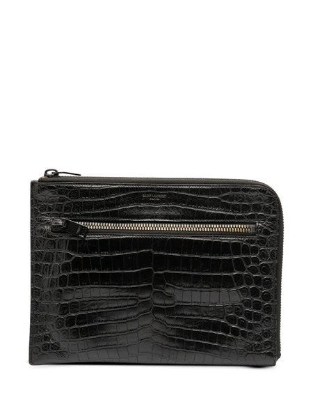  Saint Laurent Pre-owned 2017 Croc Embossed Leather Clutch Bag - Black 