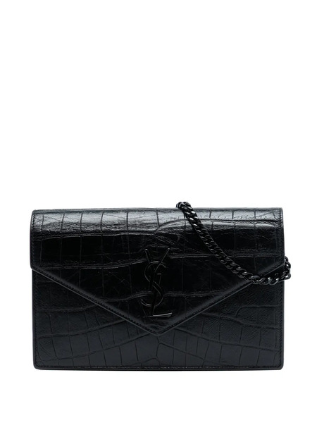  Saint Laurent Pre-owned 2016 Croc Embossed Leather Monogram Monochrome Envelope Chain Wallet Crossbody Bag - Black 