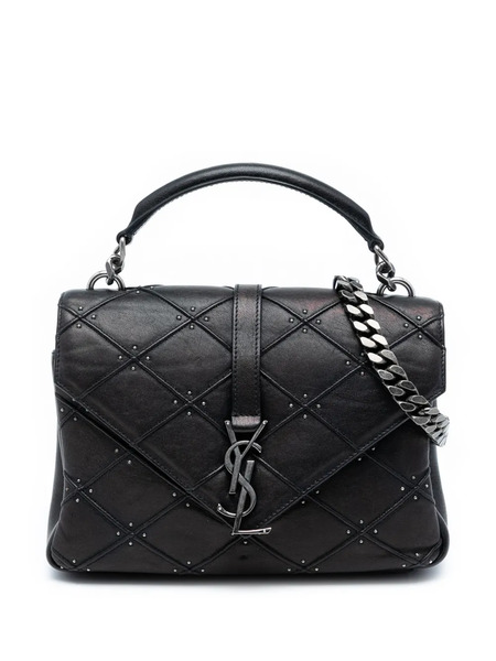  Saint Laurent Pre-owned 2017 Medium Quilted Diamond Iridescent Calfskin Monogram Studded College Satchel - Black 