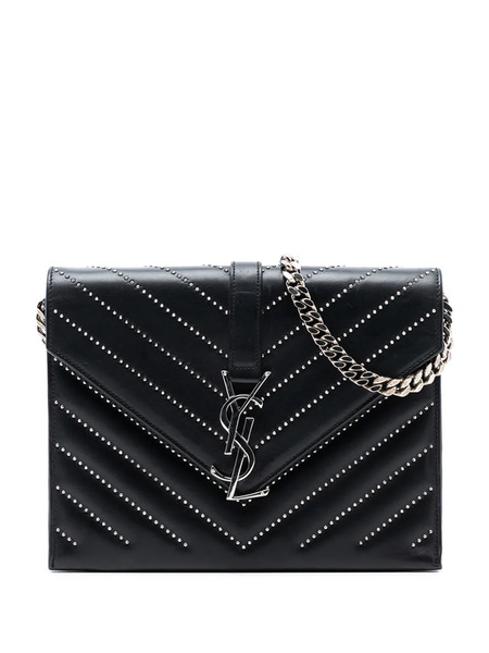  Saint Laurent Pre-owned 2014 Studded Chevron Calfskin Monogram Envelope Chain Flap Crossbody Bag - Black 