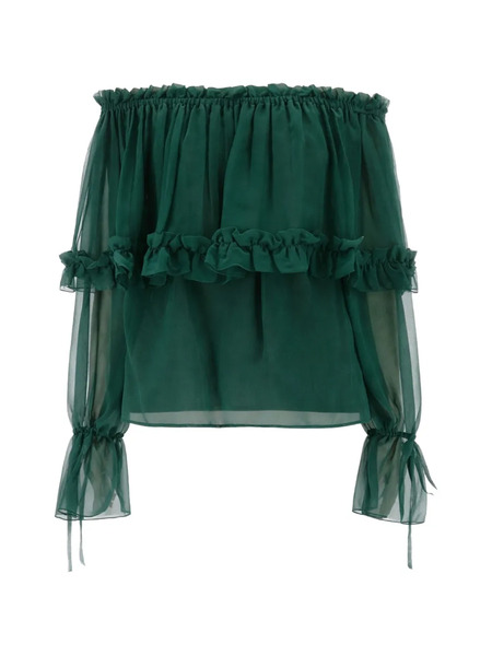  Saint Laurent Ruffled Off-shoulder Top - Green 