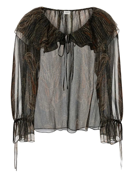  Saint Laurent Ruffled Printed Silk Blouse - Brown 