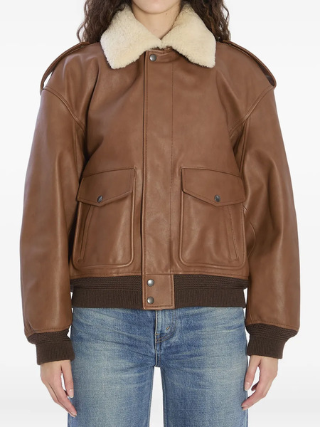  Saint Laurent Shearling-collar Ribbed Bomber Jacket - Brown 