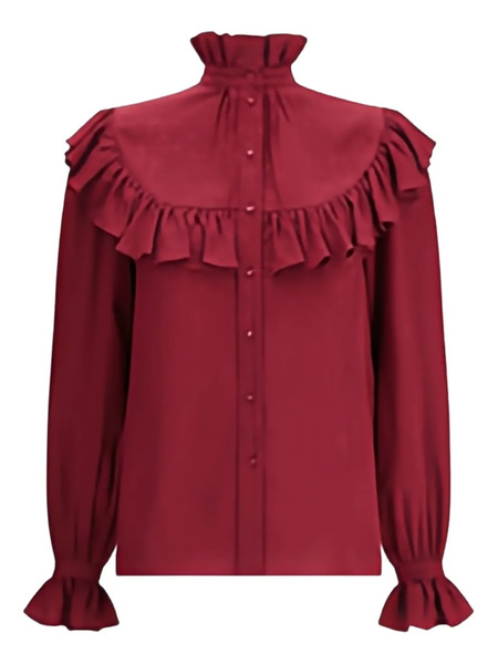  Saint Laurent Stand-collar Ruffled Blouse - Red 