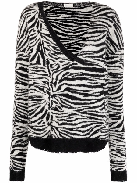  Saint Laurent Zebra-pattern Ripped Jumper - White 