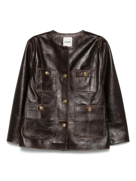  Sandro Long Distressed Leather Jacket - Brown 