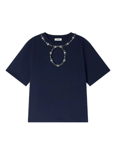  Sandro Rhinestone Openwork T-shirt - Blue 