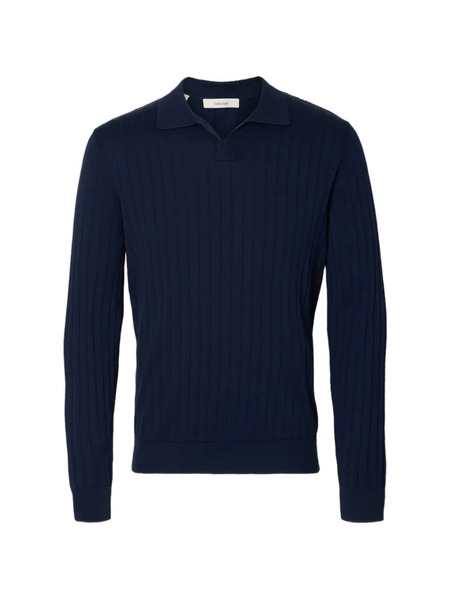  Selected Ribbed Polo-collar Sweater - Blue 