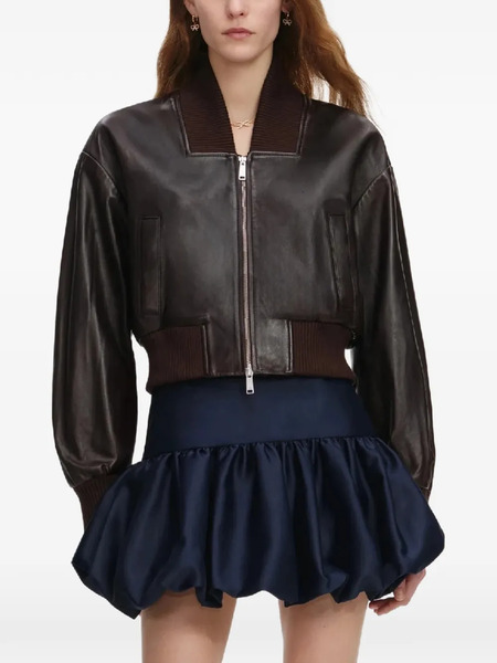  Self-portrait Ribbed Leather Bomber Jacket - Brown 