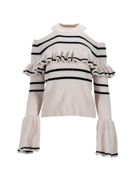  Self-portrait Ruffle-trimmed Ribbed-knit Top - Neutrals 