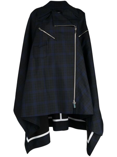 Shang Xia Checkered Asymmetric Zip-up Cape - Blue 