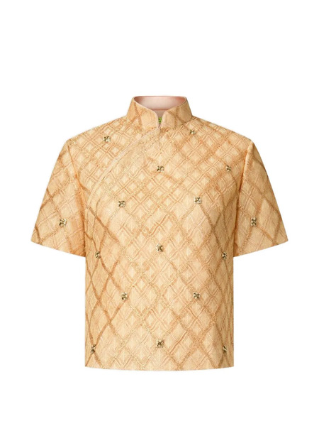  Shanghai Tang Qipao Latticework Embellished Top - Neutrals 