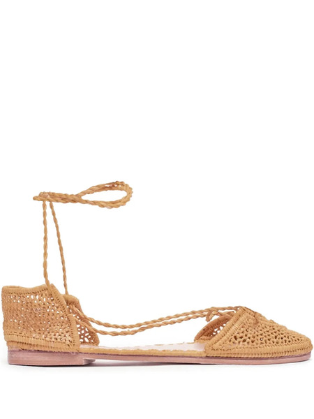  Slo_hand_made Raffia Lace-up Ballet Flats - Brown 