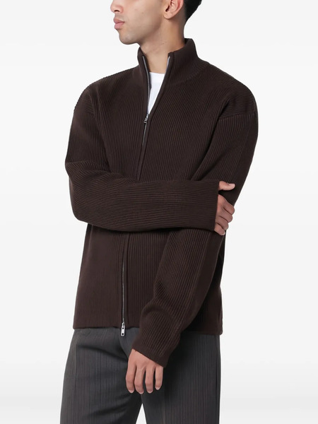  Soft Goat Zipped Ribbed Cardigan - Brown 