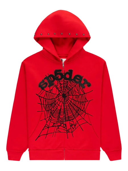  Sp5der Og Web Studded Zip Hoodie - Red 