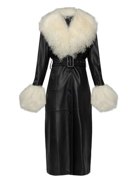  Stand Studio Monica Fur-trim Belted Coat - Black 