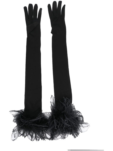  Styland Feather-trim Gloves - Black 