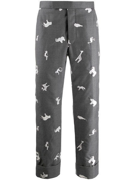  Thom Browne Animal-embroidered Cropped Trousers - Grey 