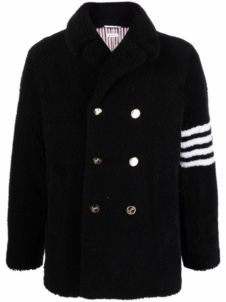  Thom Browne 4-bar Stripe Shearling Peacoat - Blue 