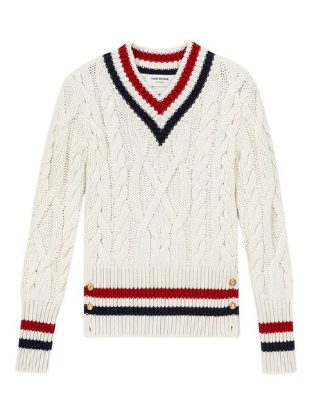  Thom Browne Cable-knit V-neck Pullover - Neutrals 