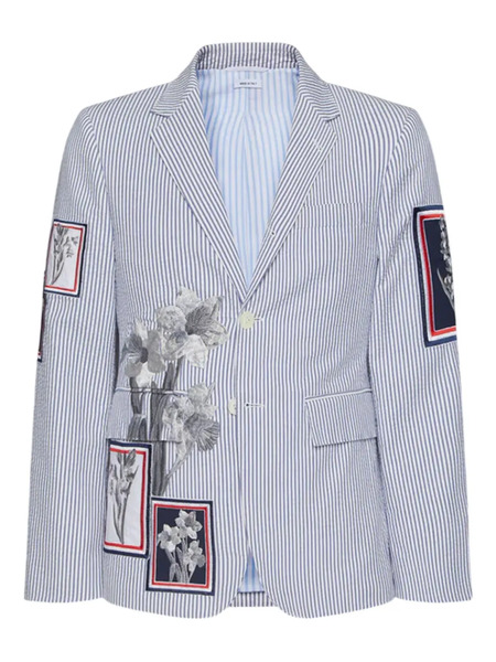  Thom Browne Striped Floral-embroidered Blazer - Blue 