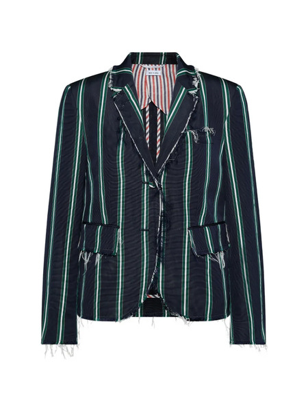  Thom Browne Striped Raw Edge Blazer - Blue 