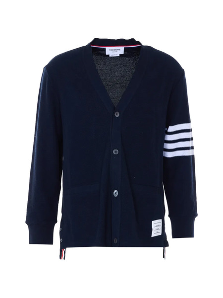  Thom Browne V-neck Logo Patch Cardigan - Blue 