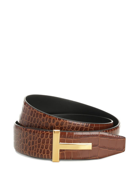  Tom Ford T Icon Buckle Embossed Belt - Brown 