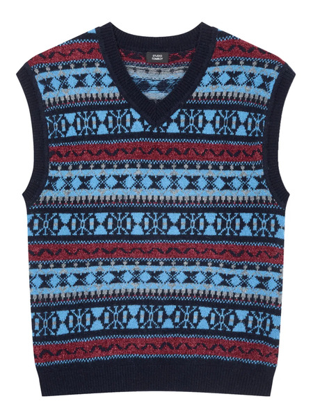  Tomboy Geometric-pattern V-neck Vest - Blue 