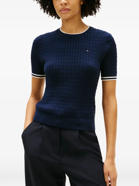  Tommy Hilfiger Cable-knit Striped-trims Short-sleeved Sweater - Blue 