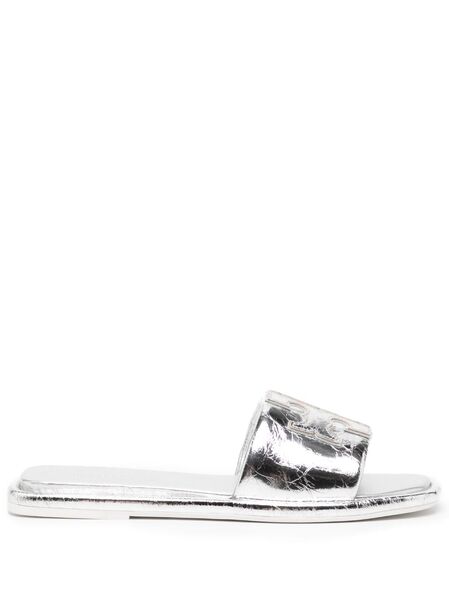  Tory Burch Double T Leather Slides - Silver 