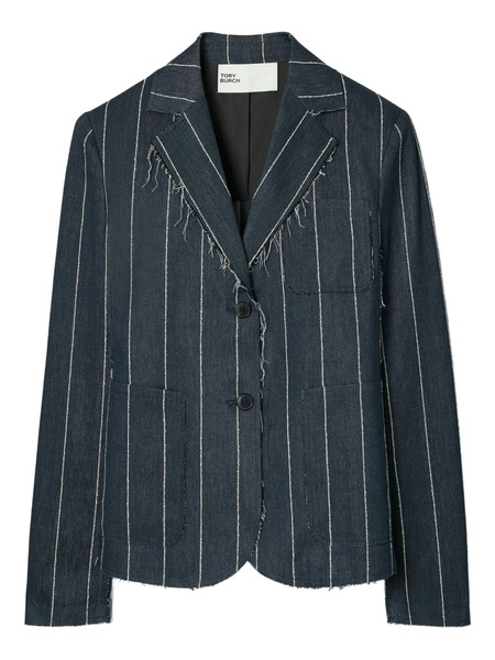  Tory Burch Pinstripe Frayed-edge Blazer - Blue 