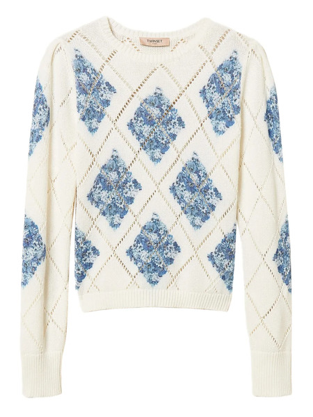 Twinset Diamond-pattern Floral Sweater - White 