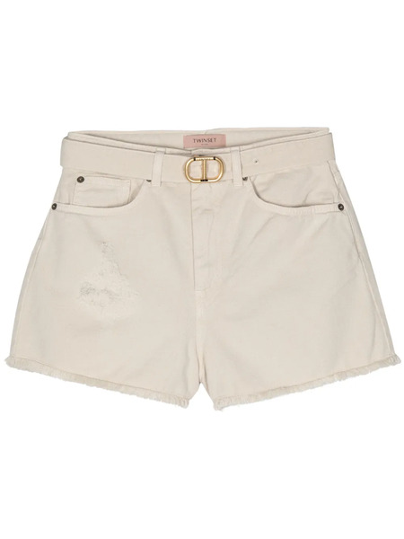  Twinset Frayed Belted Denim Shorts - Neutrals 